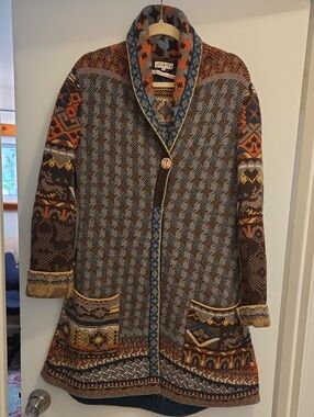 IVKO Wool Multicolor Patterned Shawl Collar Cardigan Coat - Blue, Brown, Orange